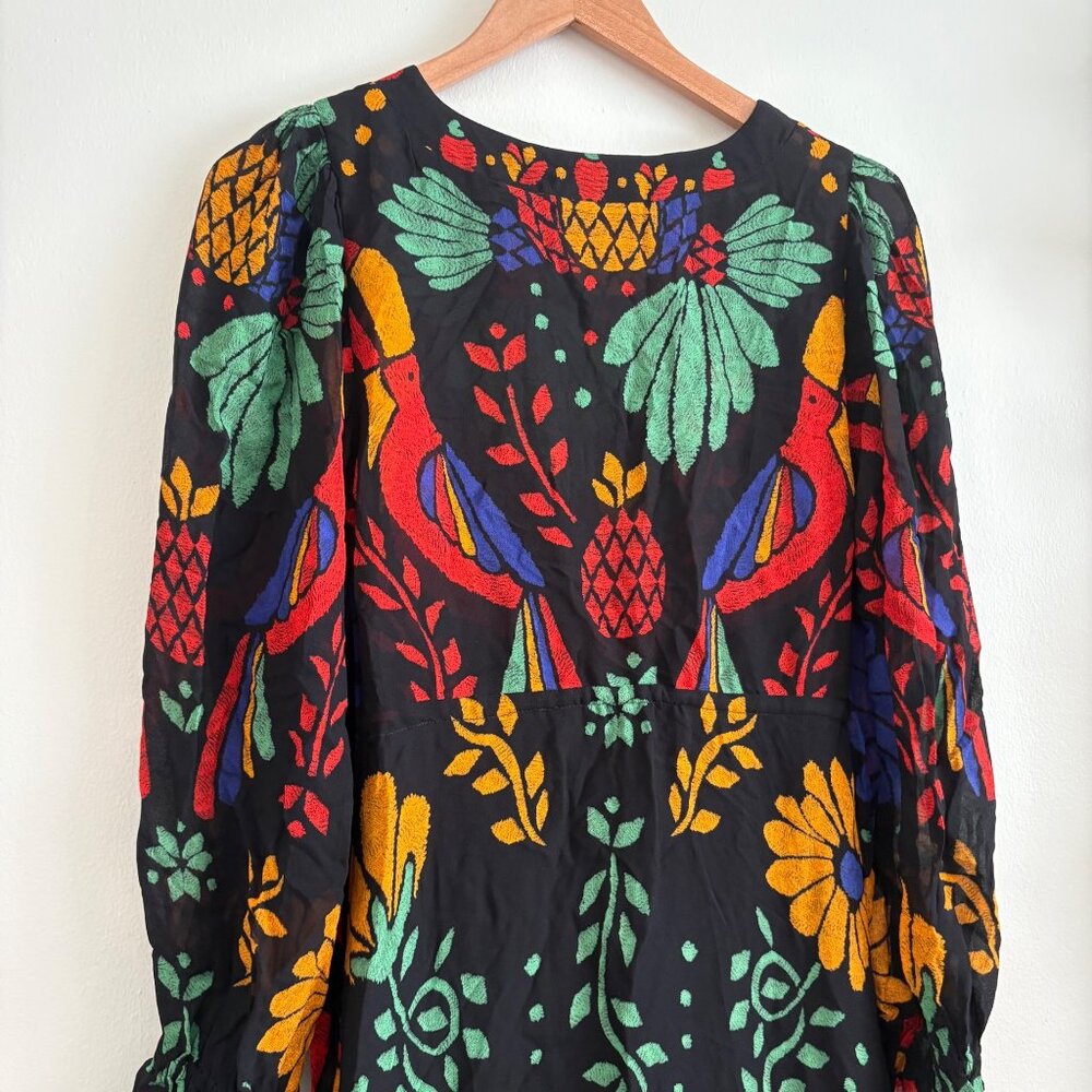Farm Rio Georgette Long Sleeve Maxi Dress NWT Black Motif Women’s Size XS - Picture 9 of 12